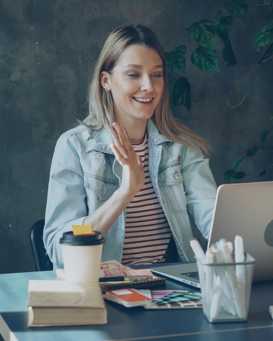 A coach on a video call with a client